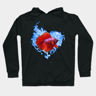 Red Betta Fish In Blue Flame Heart Hoodie